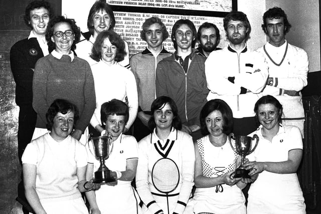 Retro 1975 Wigan Grammar School badminton teams line up at the presentation evening 