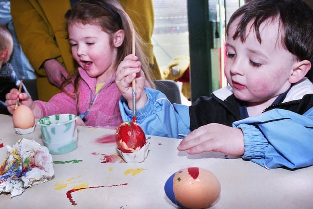 Egg painting for children in the Mesnes Park cafe on Palm Sunday the 16th of April 2000.