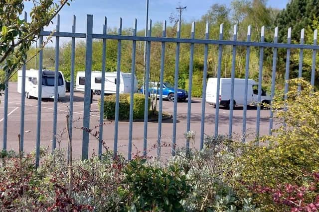 The travellers' site at the Makita car park on Challenge Way, Wigan
