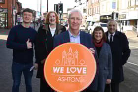 Coun Danny Fletcher, former Makerfield MP Yvonne Fovargue, Wigan Council leader Coun David Molyneux, Coun Jenny Bullen and Coun Andrew Bullen in Ashton town centre celebrating the Levelling Up which was granted in 2023