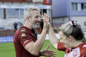 Wigan Warriors women’s coach Denis Betts (left) high-fiving club stalwart Rachel Thompson