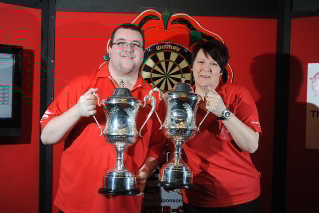 Darts champions Lisa Ashton and Steve Bunting at the Lancashire v Essex match held at St. Thomas' Social Club, Marsh Green, Wigan