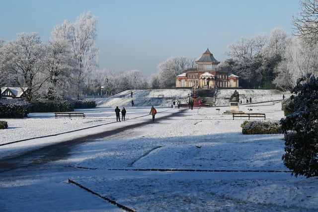 Wigan snow scenes - Snow falls on Mesnes Park, Wigan.
