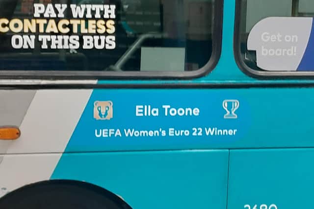 A shot of one of the Arriva buses paying homage to Ella Toone's success this summer.