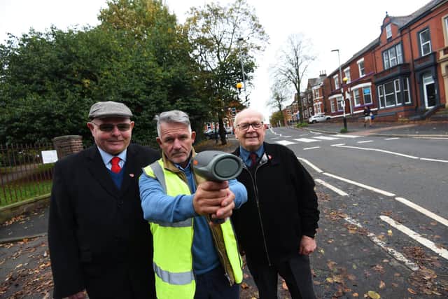 Councillors Michael McLoughlin, Lawrence Hunt and George Davies call for motorists to stop speeding along Bridgeman Terrace