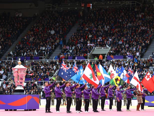 Wigan legend Andy Gregory carried the flag for England in the Rugby League World Cup opening ceremony (Photo by Michael Steele/Getty Images)