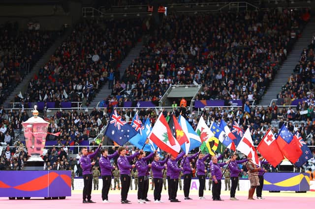 Wigan legend Andy Gregory carried the flag for England in the Rugby League World Cup opening ceremony (Photo by Michael Steele/Getty Images)