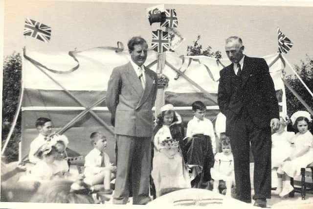 Mr Tommy Mason is pictured (right) at the crowning ceremony. Eileen is unsure of other man's identity but it could be farmer Ernest Bentham.