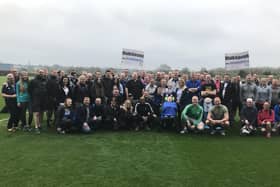 The Joseph's Goal walkers ready for the off on a previous trek to a Latics away game