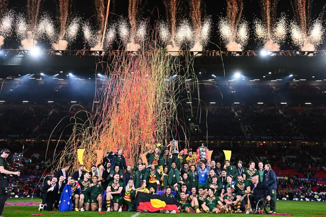 Australia lift the Rugby League World Cup trophy.