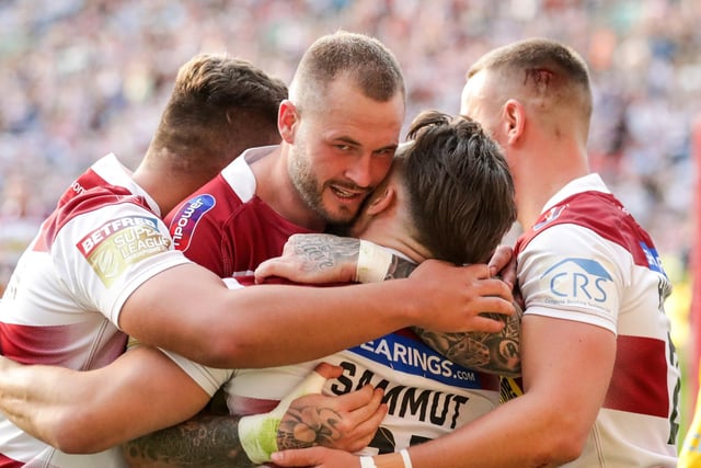 28th June 2019 , DW Stadium, Wigan, England;  Betfred Super League, Round 20, Wigan Warriors vs Salford Red Devils ; Zak Hardaker (20) of Wigan Warriors celebrates his try 

Credit: Mark Cosgrove/News Images