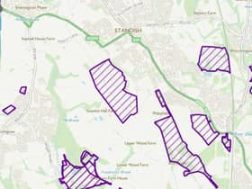 A map that shows some of the areas in Standish that Places For Everyone would protect from development marked in purple
