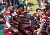 Junior Nsemba celebrates his try against Leeds Rhinos
