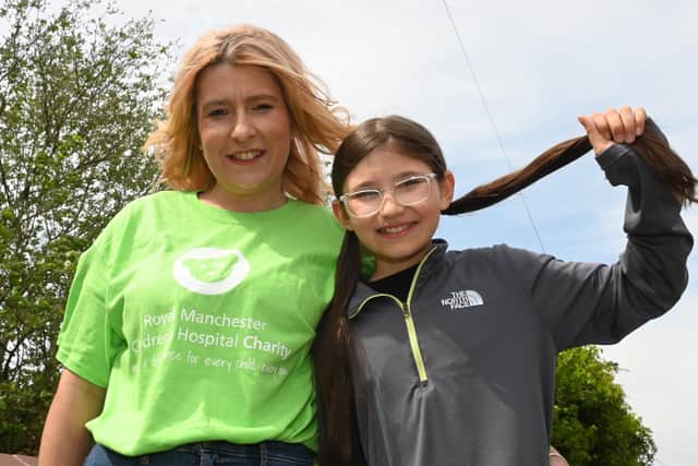 Sara Jane Wright is preparing to jump out of plane and skydive for charity, raising funds for Royal Manchester Children's Hospital, and daughter Ella-Ja Wright, 10, right, will cut off her long hair and donate to make a wig.