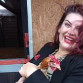 Actor Jodie Prenger with one of the hens she adopted from Lucky Hens Rescue