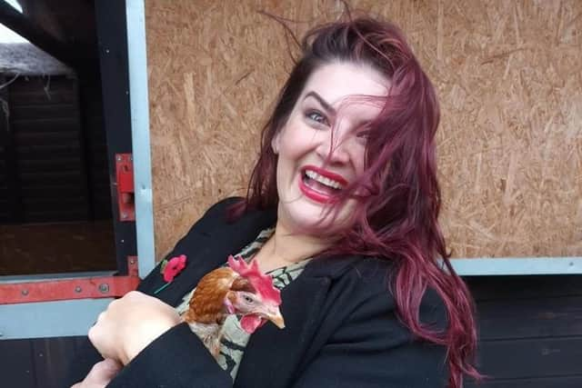 Actor Jodie Prenger with one of the hens she adopted from Lucky Hens Rescue