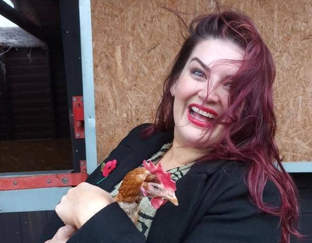 Actor Jodie Prenger with one of the hens she adopted from Lucky Hens Rescue