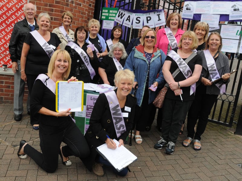 Makerfield MP Yvonne Fovargue shows her support for WASPI (Women Against State Pension Inequality), and their campaign against the rising retirement age for women, as they hold a stall and ask members of the public to sign a petition, at The Gerard Centre, Ashton-in-Makerfield