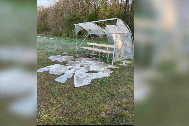One of the shattered dug-outs at Standish St Wilfrid's Convent Ground. It was attacked in April and hasn't been repaired yet because there is an expectation it will only get vandalised again
