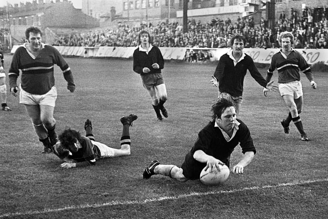 Billy Hinnigan scores a try for Springfield against Pilkington Recs in the Ken Gee Cup Amateur Rugby League semi-final at Central Park on Monday 11th of June 1973. Springfield lost 16-29.
