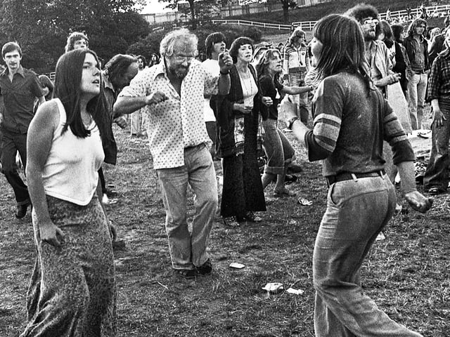Folk fans enjoying dancing at the 1977 July Wakes Folk Festival at Park Hall, Charnock Richard.