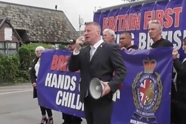 The hotel has attracted protests before, this one by members of the right-wing Britain First movement