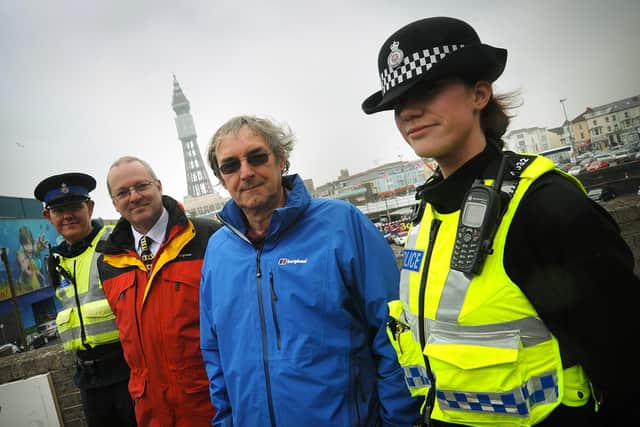 Blackpool police and community organisations are emphasising the need to work together if they are to beat anti-social behaviour in the town.
Pictured L-R: PCSO Martin Taylor, Blackpool Council Head of Neighbourhood Services for Central area Hugh Wignall, Talbot Ward PACT Chairman Dave Blacker, and PC Jamie Robinson.  PIC BY ROB  LOCK
11-4-2013