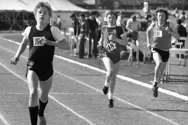 Future Wigan Rugby League star Shaun Edwards wins the Youths 400 metres race for Wigan Harriers at the Visionhire athletics meeting at Woodhouse Stadium on Sunday June 21st 1981. 