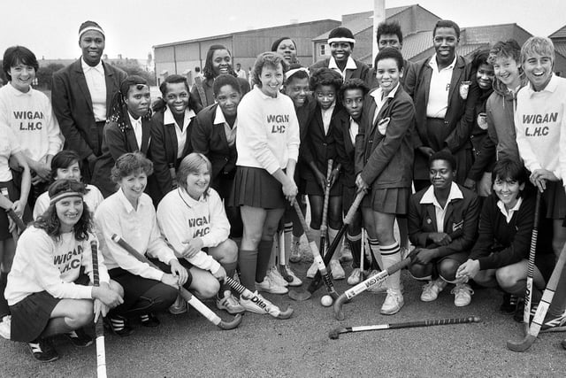 Wigan Ladies Hockey Club and opponents from Trinidad and Tobago who played a match at Lowton High School on Sunday 4th of August 1985.