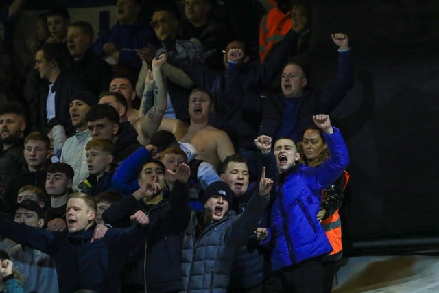Hartlepool United supporters celebrate taking the lead against Rotherham United. Picture by Martin Swiney.