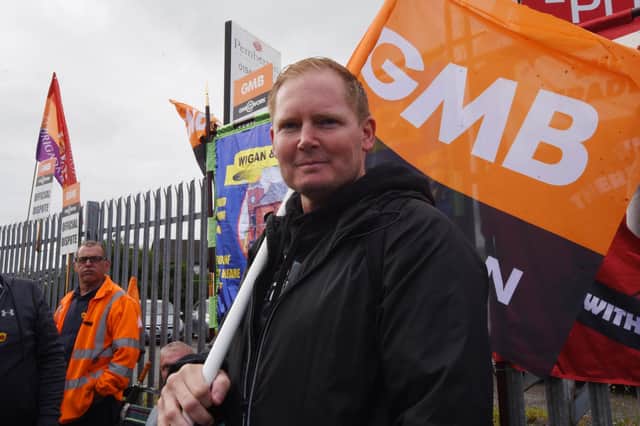 Workers from Pemberton Park and Leisure Homes LTD, Woodhouse Lane, Wigan, on the second day of strike action.  Worker Allan Jones.