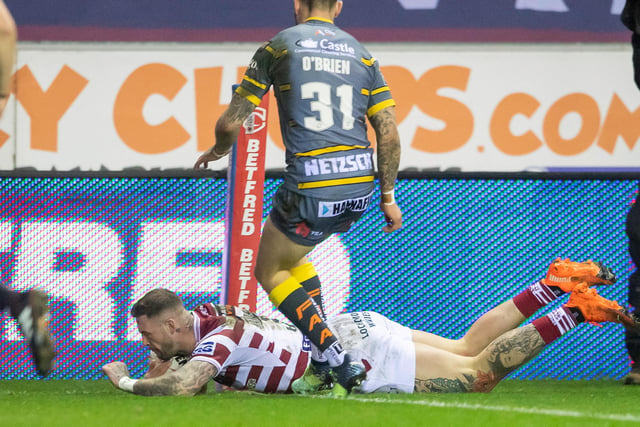 Zak Hardaker goes over for the first try of the game.