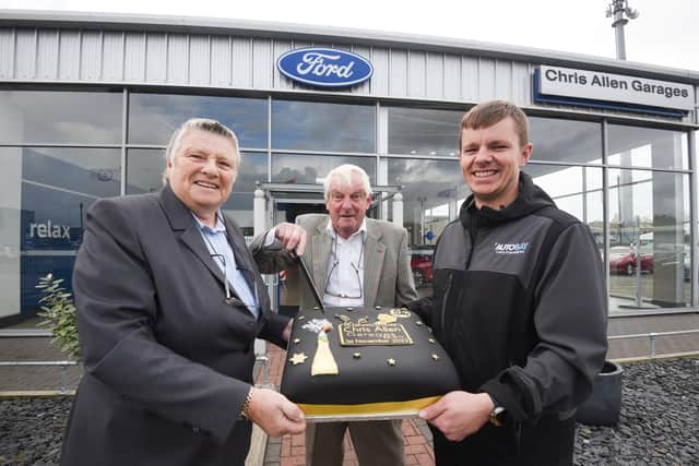 45th anniversary celebrations at Chris Allen Garages in Poulton. Pictured is director Pauline Harding with owner Chris Allen and director Kit Harper-Allen.