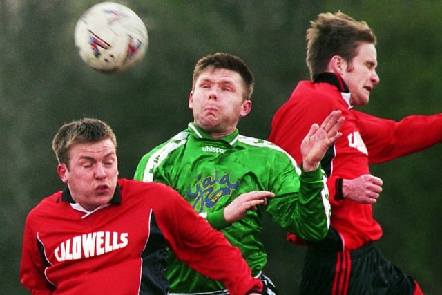 Action from Winstanley St. Aidens v Pemberton Town in the Wigan Amateur League Premier Division match on Saturday 11th of March 2000.
Winstanley St. Aidens won 2-0.