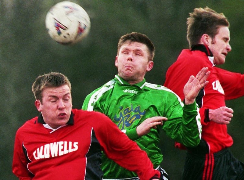 Action from Winstanley St. Aidens v Pemberton Town in the Wigan Amateur League Premier Division match on Saturday 11th of March 2000.
Winstanley St. Aidens won 2-0.