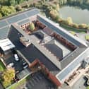 An aerial view of the Holiday Inn Express at Martland Park now covered in hundreds of solar panels