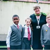 Headteacher Clare Oxborough celebrates with pupils