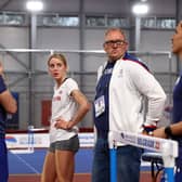 Keely Hodgkinson with coach Trevor Painter in Belgrade before taking the decision to pull out of the World Indoors due to injury