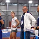 Keely Hodgkinson with coach Trevor Painter in Belgrade before taking the decision to pull out of the World Indoors due to injury