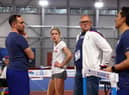 Keely Hodgkinson with coach Trevor Painter in Belgrade before taking the decision to pull out of the World Indoors due to injury