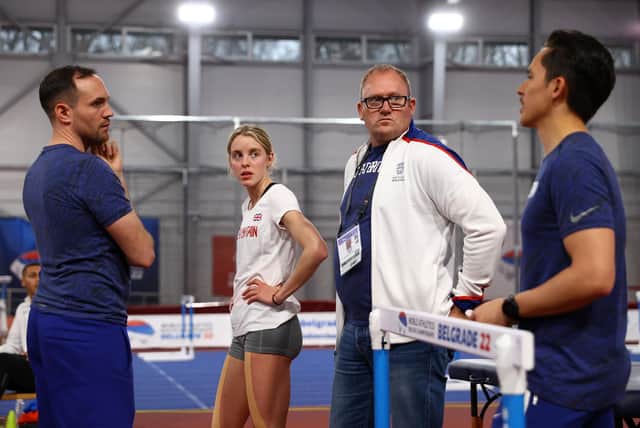 Keely Hodgkinson with coach Trevor Painter in Belgrade before taking the decision to pull out of the World Indoors due to injury