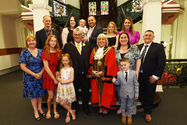 The new Mayor of Wigan Coun Marie Morgan and consort Coun Clive Morgan, pictured with family members.