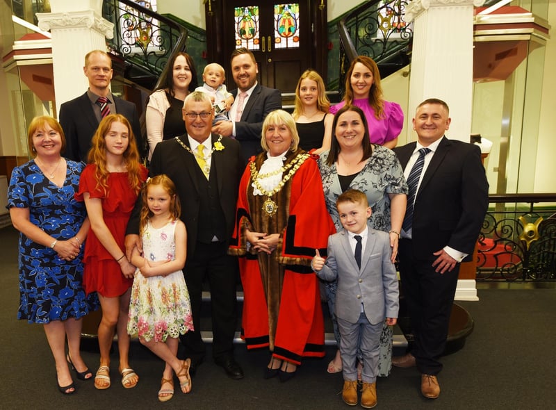 The new Mayor of Wigan Coun Marie Morgan and consort Coun Clive Morgan, pictured with family members.