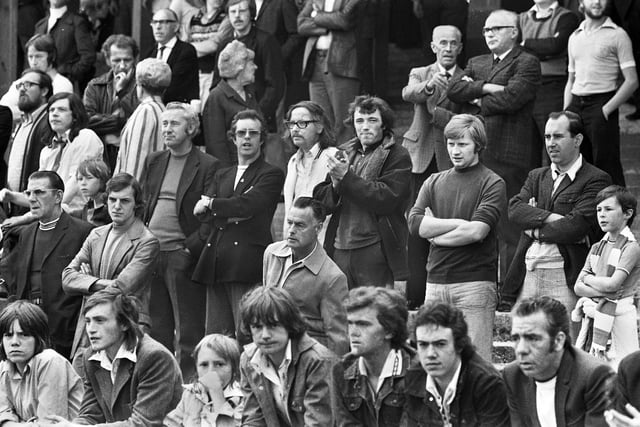 Wigan Athletic fans watching the Northern Premier League match against Gainsborough Trinity at Springfield Park on Saturday 30th of August 1975 which ended in a 0-0 draw.