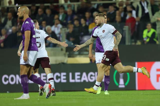 Stephen Humphrys celebrates netting for Hearts against Italian giants Fiorentina