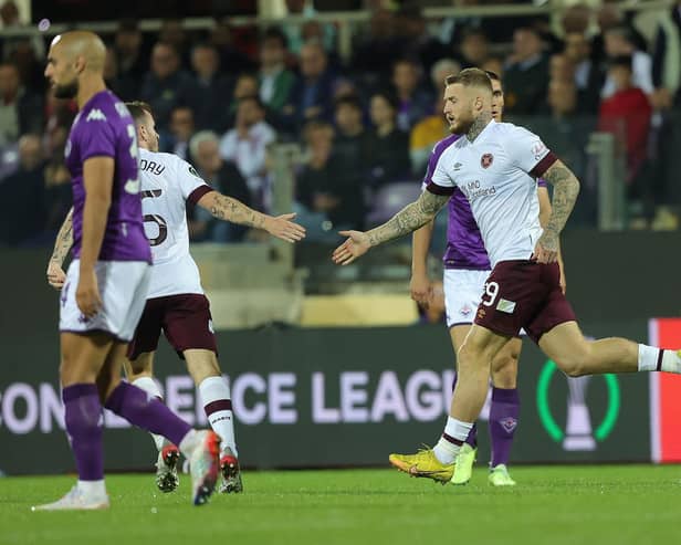Stephen Humphrys celebrates netting for Hearts against Italian giants Fiorentina
