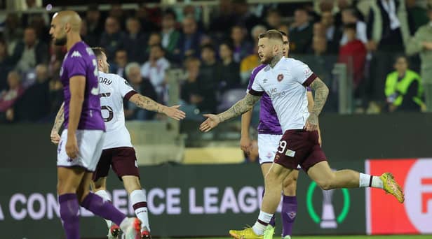 Stephen Humphrys celebrates netting for Hearts against Italian giants Fiorentina