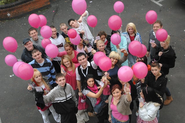 RETRO 2007 - Trainees and staff at Rathbone Training, Princess Street, Wigan, ready for their balloon race lift off during their Tickled Pink day to raise money to fight breast cancer.
