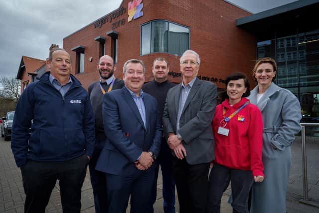 Left to right - Dave Rowlands, BCEGI; Anthony Ashworth-Steen, Wigan Youth Zone; Warren Taylor, Cityheart; Matthew Jones, Wigan Town Centre Manager, Coun David Molyneux , Leader of Wigan Council; Charlotte Hindley, Wigan Youth Zone and Claire Hextall, Cityheart.