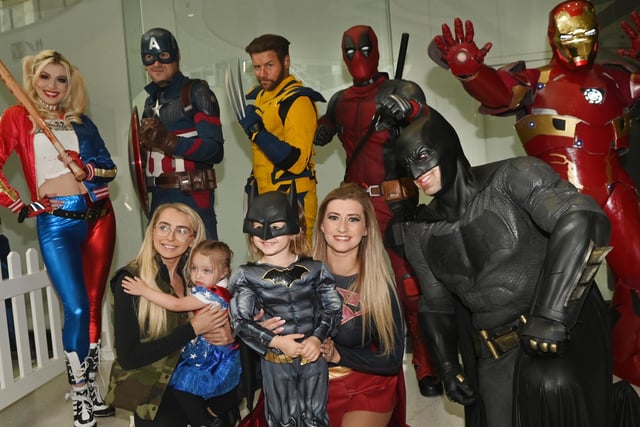 Children dress up to meet their favourite superheroes as Marvel and DC characters visit shoppers in Wigan, part of the summer holiday fun events at the Grand Arcade Shopping Centre, Wigan.